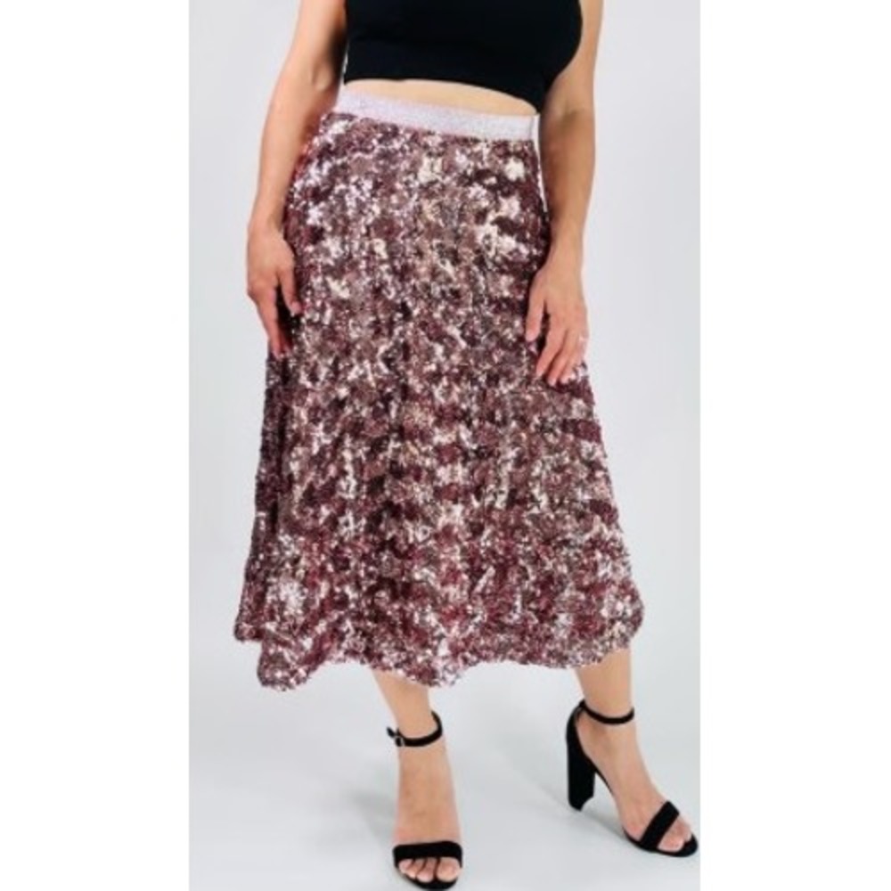 Anthropologie Sequin Midi Skirt 4 Pink Rose Gold Metallic Party Holiday New